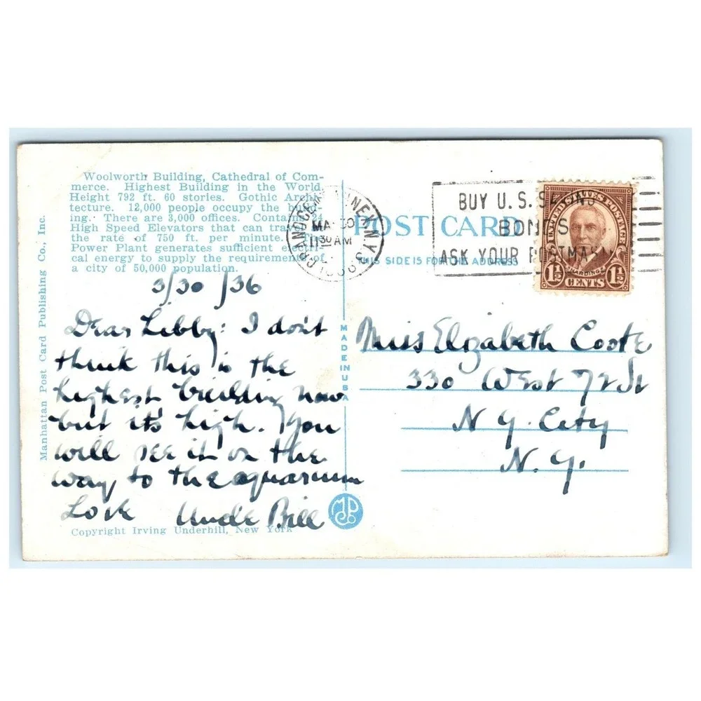 Vintage Postcard Woolworth Building New‎ York City NYC Architecture Posted Stamp